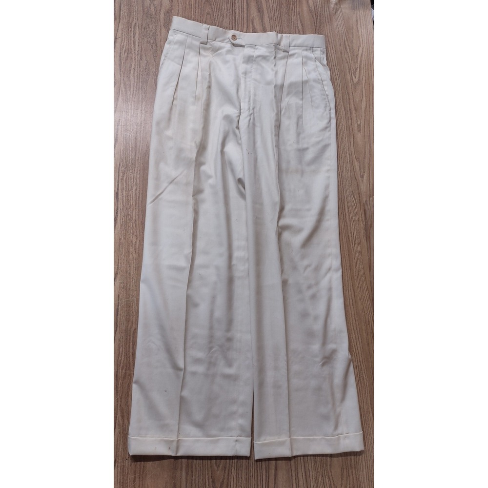 Zanetti Mens Cream Super 100s Wool Pleated Cuffed Dress Pants Made in Italy 34